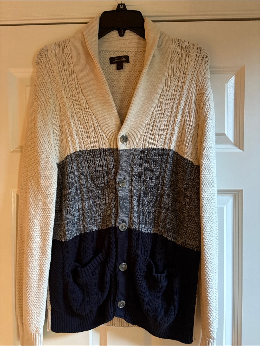 New Tasso Elba Tri-Tone Shawl Collar Cardigan in Cream, Gray & Navy